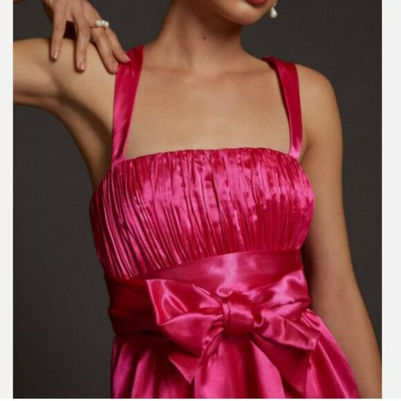 Anthropologie Maeve Pink Bow-Tie Satin Pockets Cocktail Mini Dress Size 12 - Picture 4 of 13